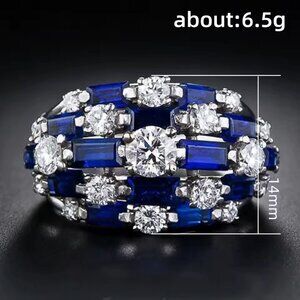 Blue Sapphire White CZ Silver Princess Diana Halo Ring